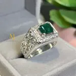 Natural Emerald Sterling Silver 925 Handmade Hand Engraved Ring For Men - Gift.