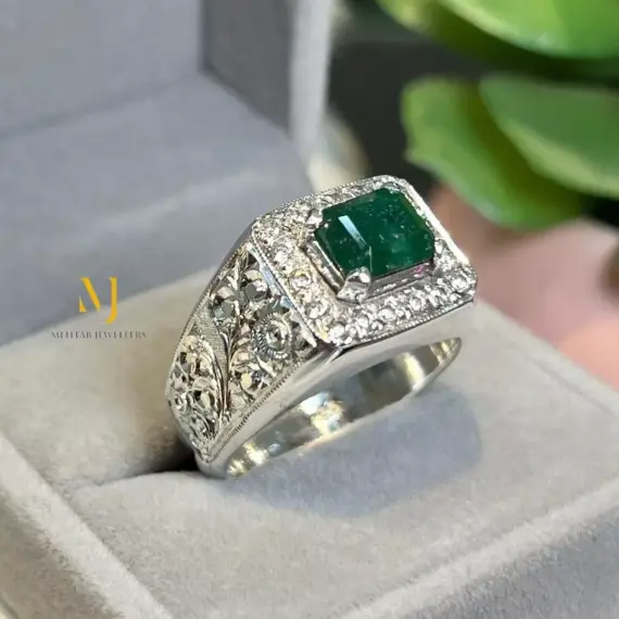 Natural Emerald Sterling Silver 925 Handmade Hand Engraved Ring For Men - Gift.