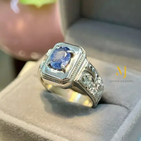 Natural Blue Sapphire Sterling Silver 925 Handmade Hand Engraved Ring