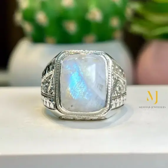 Natural Moonstone Sterling Silver 925 Handmade Hand Engraved Ring For Men - Gift