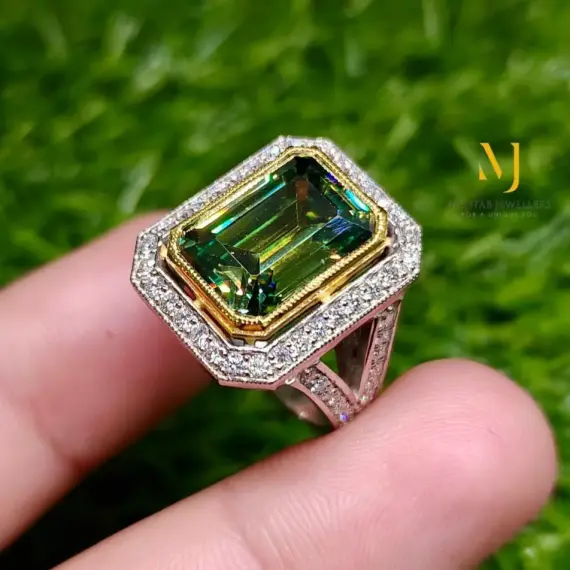 Green Moissanite Ring For Her - Intense Green Colour Sterling Silver Ring