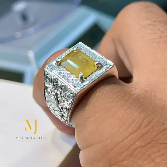 Natural Yellow Sapphire Sterling Silver 925 Handmade Hand-Engraved Ring For Men