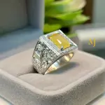 Natural Yellow Sapphire Sterling Silver 925 Handmade Hand-Engraved Ring For Men