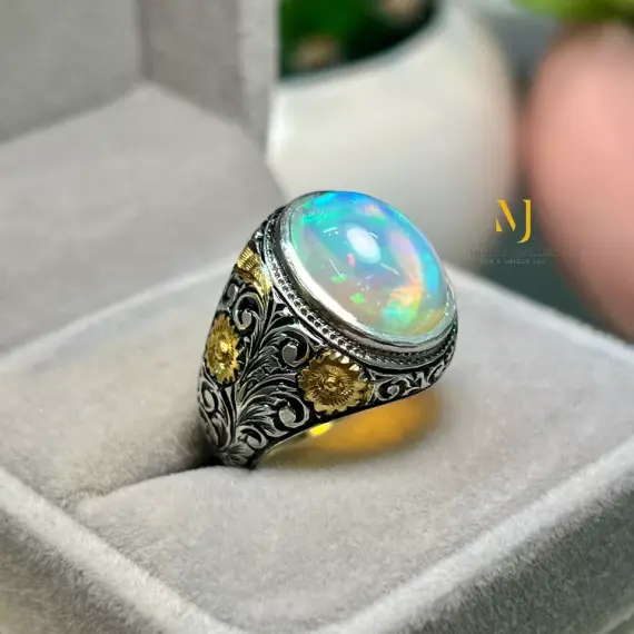 Natural Ethiopian Opal Sterling Silver 925 Handmade Hand Engraved Ring