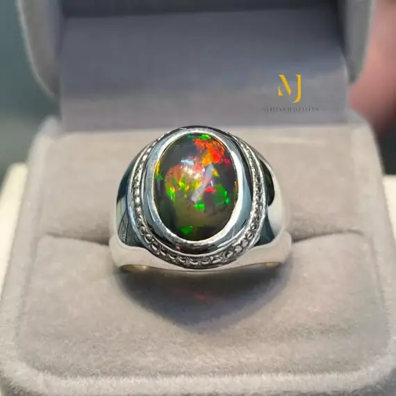 Natural Ethiopian Black Opal Sterling Silver 925 Handmade Ring for Men