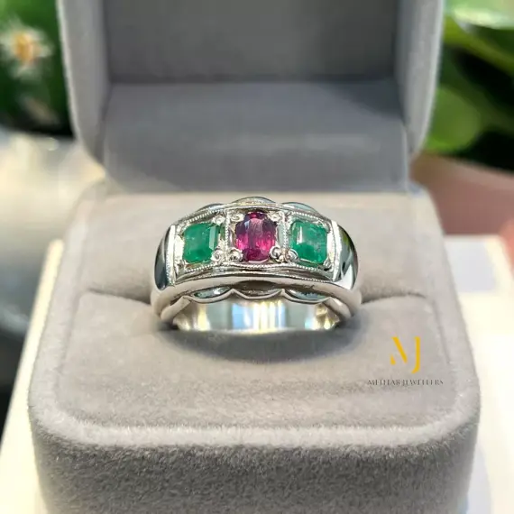 Sapphire and Emerald ring - Natural Multi-Stone Sterling Silver Handmade Ring