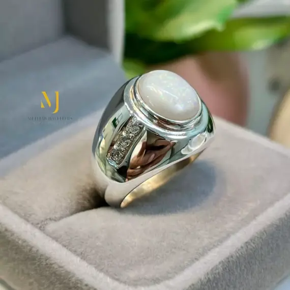 Natural Australian White Opal Sterling Silver 925 Handmade Ring For Men