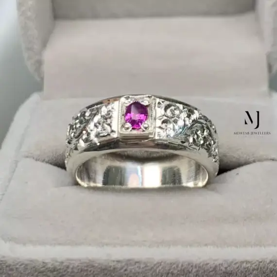 Natural Kashmire Sapphire Sterling Silver 925 Handmade Hand-Engraved Ring - Band