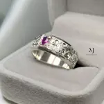 Natural Kashmire Sapphire Sterling Silver 925 Handmade Hand-Engraved Ring - Band