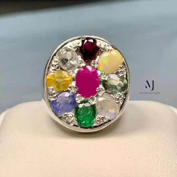 Navratna Ring - Nine Stone Ring For Men - Sterling Silver 925 Handmade Ring