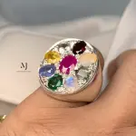 Navratna Ring - Nine Stone Ring For Men - Sterling Silver 925 Handmade Ring