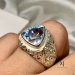Natural Blue Topaz Sterling Silver 925 Ring - Blue Topaz Hand-Engraved Ring