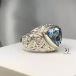 Natural Blue Topaz Sterling Silver 925 Ring - Blue Topaz Hand-Engraved Ring