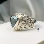 Natural Blue Topaz Sterling Silver 925 Ring - Blue Topaz Hand-Engraved Ring