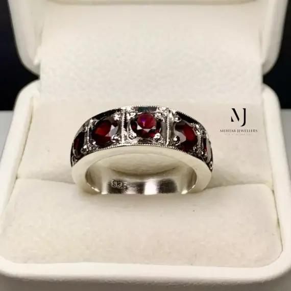 Natural Garnet Eternity Band Ring - Sterling Silver Ring - January Birthstone