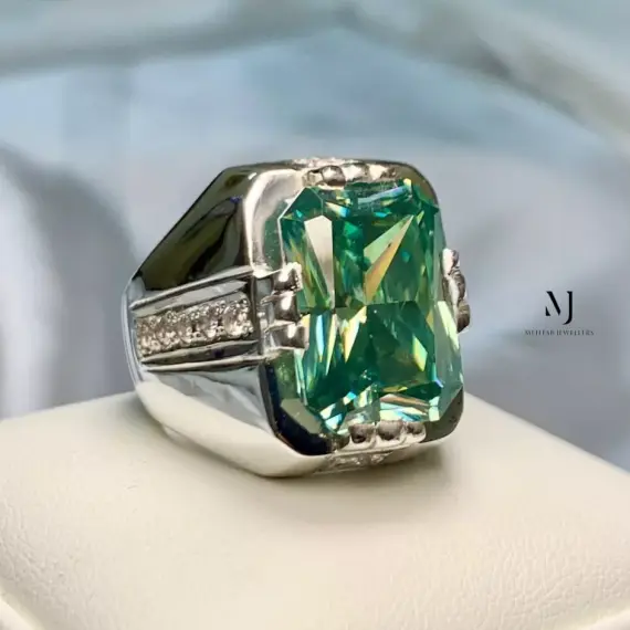 Men’s Fancy Green Moissanite Ring – Handcrafted Sterling Silver Statement Ring