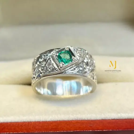 Emerald Ring - Natural Emerald Sterling Silver Handmade Hand-Engraved Band Ring