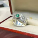 Emerald Ring - Natural Emerald Sterling Silver Handmade Hand-Engraved Band Ring