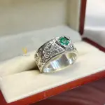 Emerald Ring - Natural Emerald Sterling Silver Handmade Hand-Engraved Band Ring