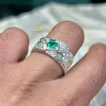 Emerald Ring - Natural Emerald Sterling Silver Handmade Hand-Engraved Band Ring