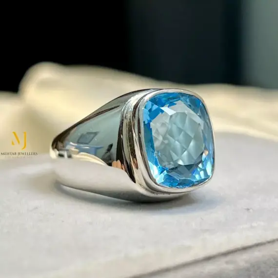 Topaz Ring - Natural Swiss Blue Topaz Sterling Silver Handmade Ring - Men's Ring