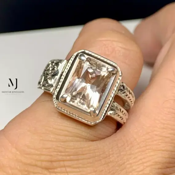 Natural Topaz Sterling Silver Ring – Handcrafted Engraved Ring – Men’s Statement