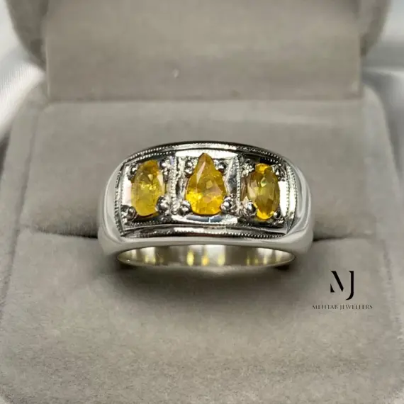 Natural Yellow Sapphire Sterling Silver Ring - Sapphire Band Ring - Silver Band