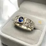 Natural Blue Sapphire Sterling 925 Handmade Hand Engraved Ring
