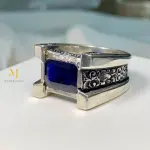 Blue Sapphire Ring 925 Sterling Silver Handmade Emerald Cut Men’s Jewelry