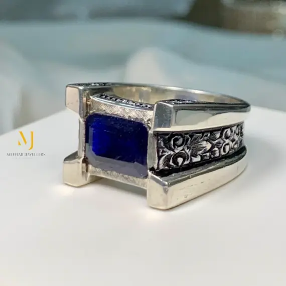Blue Sapphire Ring 925 Sterling Silver Handmade Emerald Cut Men’s Jewelry