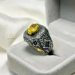Natural Yellow Sapphire Ring in 925 Sterling Silver | Handmade Engraved Jewelry