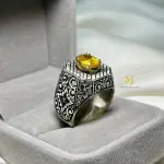 Natural Yellow Sapphire Ring in 925 Sterling Silver | Handmade Engraved Jewelry