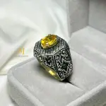 Natural Yellow Sapphire Ring in 925 Sterling Silver | Handmade Engraved Jewelry