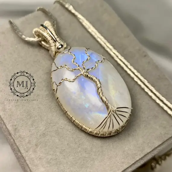 Moonstone Tree of Life Pendant Necklace | 925 Silver Handmade Wire Wrapped Gift