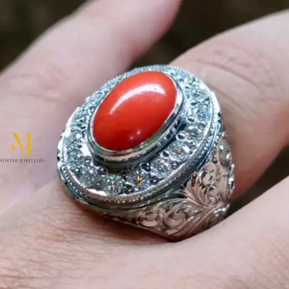 Natural Coral Ring in 925 Sterling Silver | Handmade Hand-Engraved Ring For Men