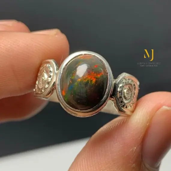 Natural Ethiopian Black Opal Ring Sterling Silver925 Handmade Hand-Engraved Ring