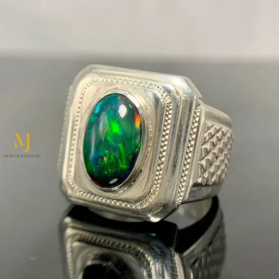 Natural Ethiopian Black Opal Ring in 925 Sterling Silver | Handmade Ring For Men