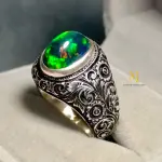 Natural Ethiopian Black Opal Ring Sterling Silver Handmade Engraved Jewelry