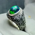 Natural Ethiopian Black Opal Ring Sterling Silver Handmade Engraved Jewelry