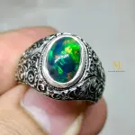 Natural Ethiopian Black Opal Ring Sterling Silver Handmade Engraved Jewelry