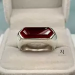 Natural Agate Hexagon Ring in Sterling Silver | Handmade Modern Gemstone Band