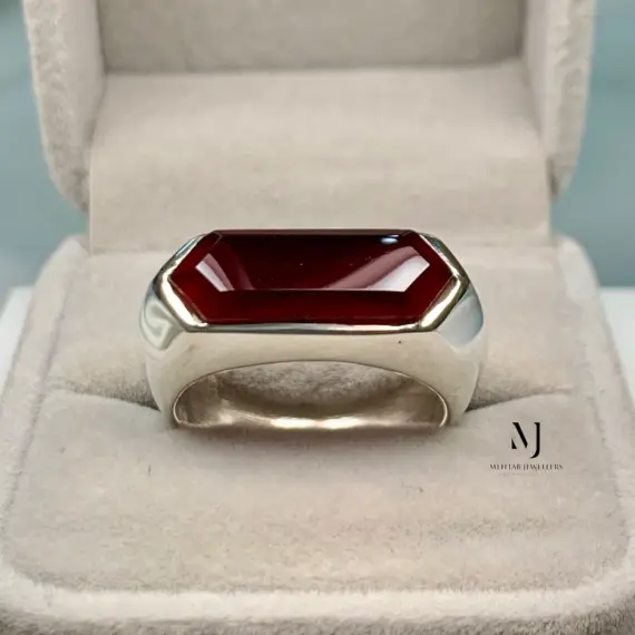 Natural Agate Hexagon Ring in Sterling Silver | Handmade Modern Gemstone Band