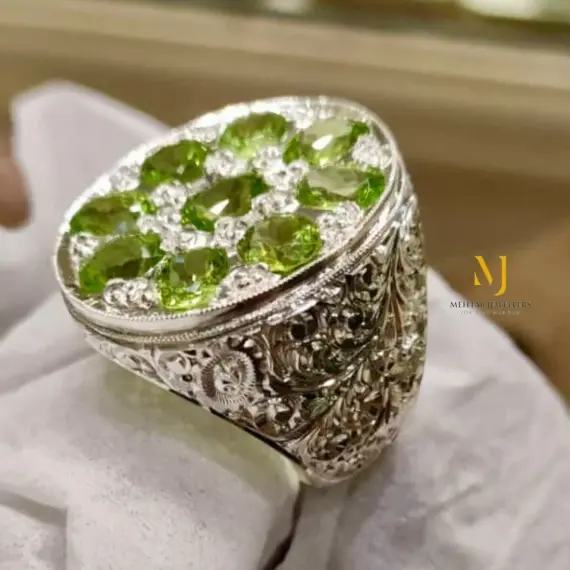 Natural Peridot Ring Sterling Silver Handmade Multi Stone Statement Jewelry