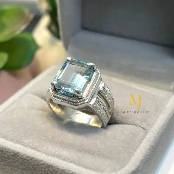 Natural Aquamarine Ring Sterling Silver Handmade Hand-Engraved Statement Gift