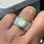 Natural Ethiopian Opal Ring Sterling Silver Handmade Round Faceted Statement