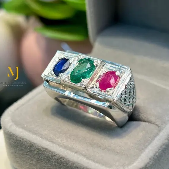 Natural Emerald Ruby Sapphire Ring Sterling Silver Handmade Statement Jewelry