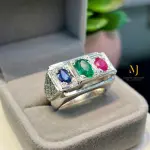 Natural Emerald Ruby Sapphire Ring Sterling Silver Handmade Statement Jewelry