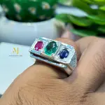 Natural Emerald Ruby Sapphire Ring Sterling Silver Handmade Statement Jewelry