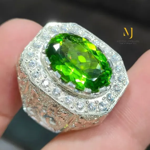 Natural Peridot Ring Sterling Silver Handmade Engraved Gemstone Unique Jewelry