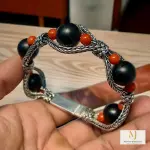 Black Onyx Coral Bracelet Sterling Silver Handmade Wire Wrapped Cuff Bracelet